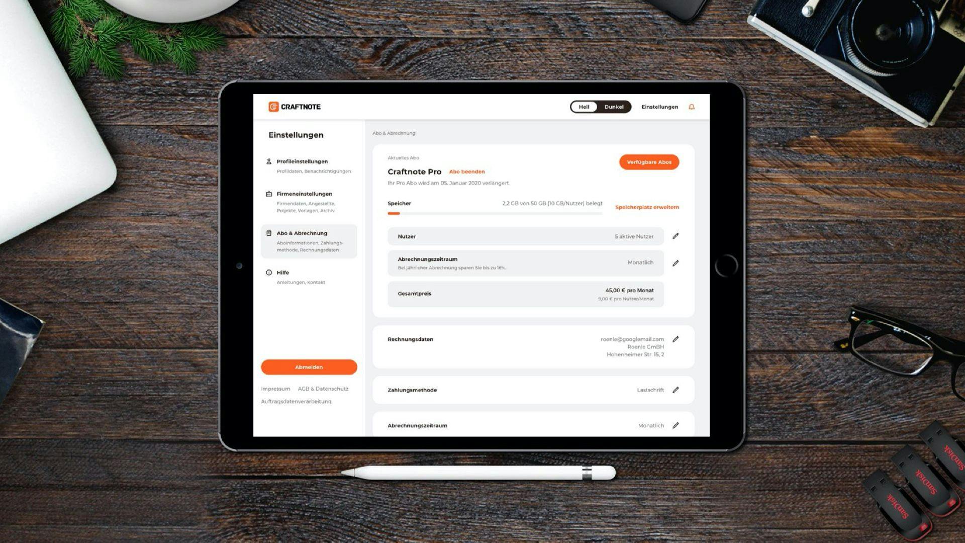 UI Design for the billing section inside the Craftnote WebApp