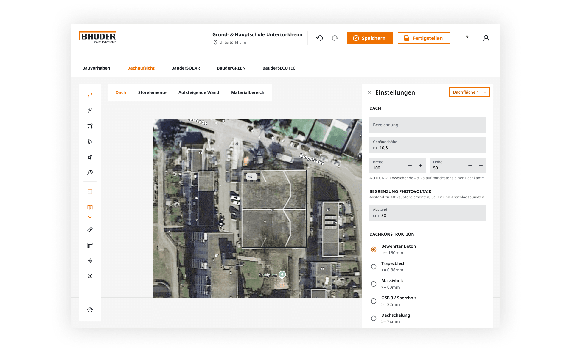 Draft of the roof top view in the Bauder Roof Planner
