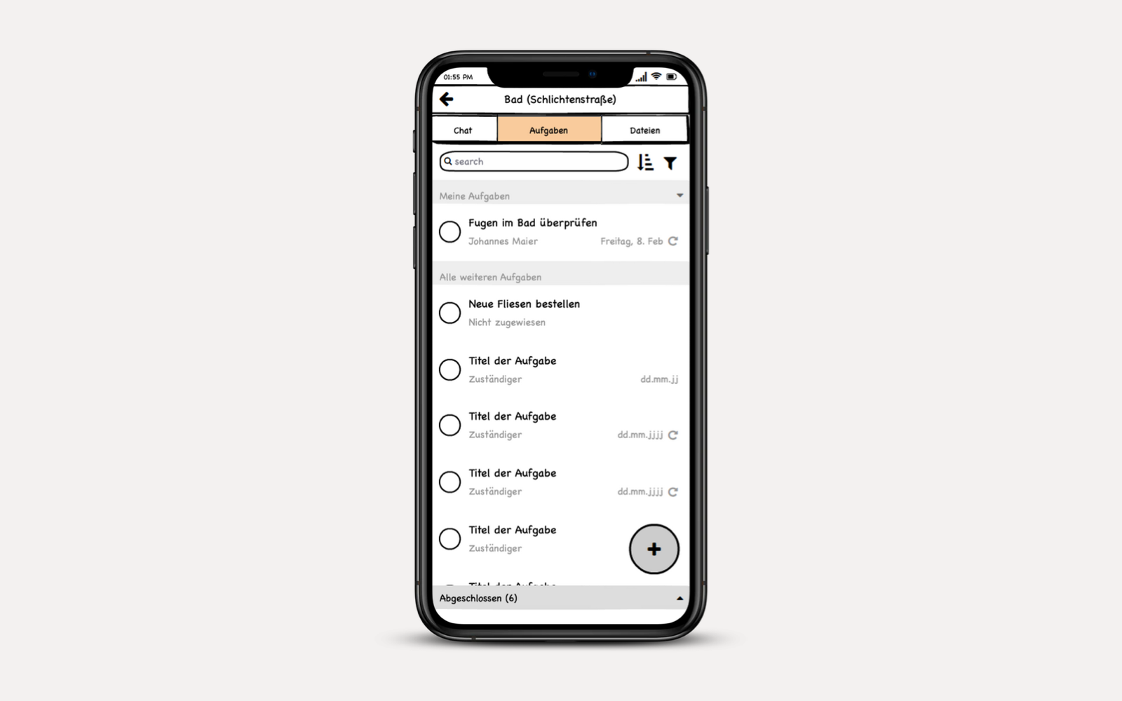 Wireframe of the tasks screen